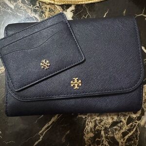 Tory Burch Navy Chain Wallet with free card holder.